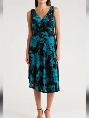 connected apparel Black Midi Dress with Teal Floral Pattern